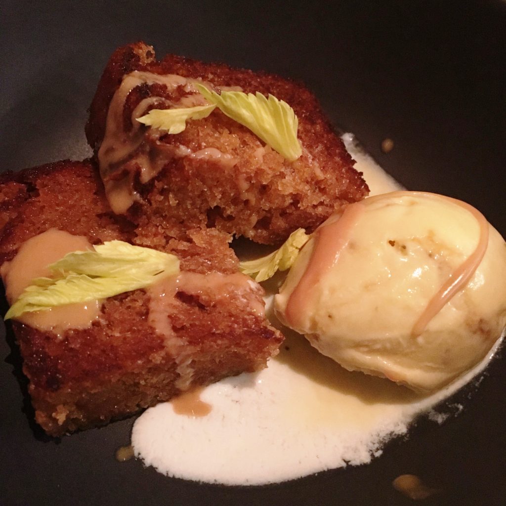 PEANUT BUTTER AND RAISIN CAKE with celery ice cream (a playful riff on "Ants on a Log")