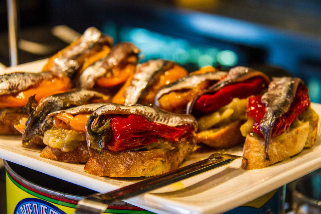 Escalivada Montadito. Roasted marinated eggplant, sweet baby pepper and anchovy on a crunch baguette. 