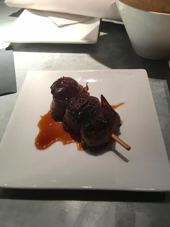 Guanciale (like superb bacon) wrapped dates - the ultimate sweet and savory combo