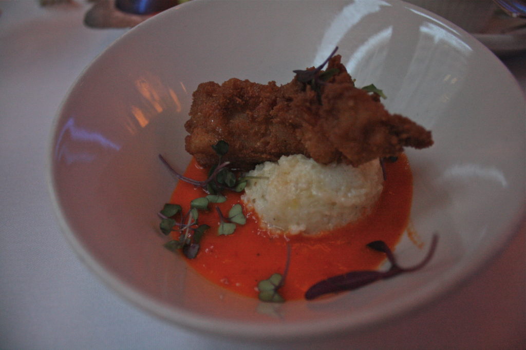Chicken Fried Lobster Truffled Honey, Cheesy Grits, Hot Suace