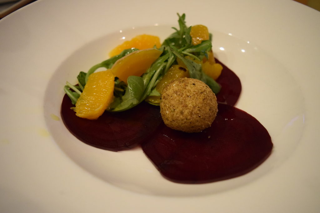 Roasted beets, wild arugula, spiced goat cheese and oranges.