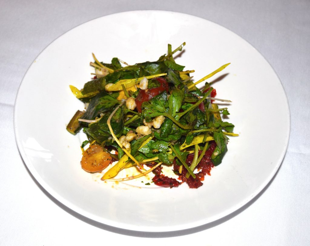 Summer harvest salad with roasted baby patty pan squash, baby zucchini, sweet corn shoots, marinated hominy, watercress and sun dried tomato tapenade topped with roasted garlic and basil vinaigrette.