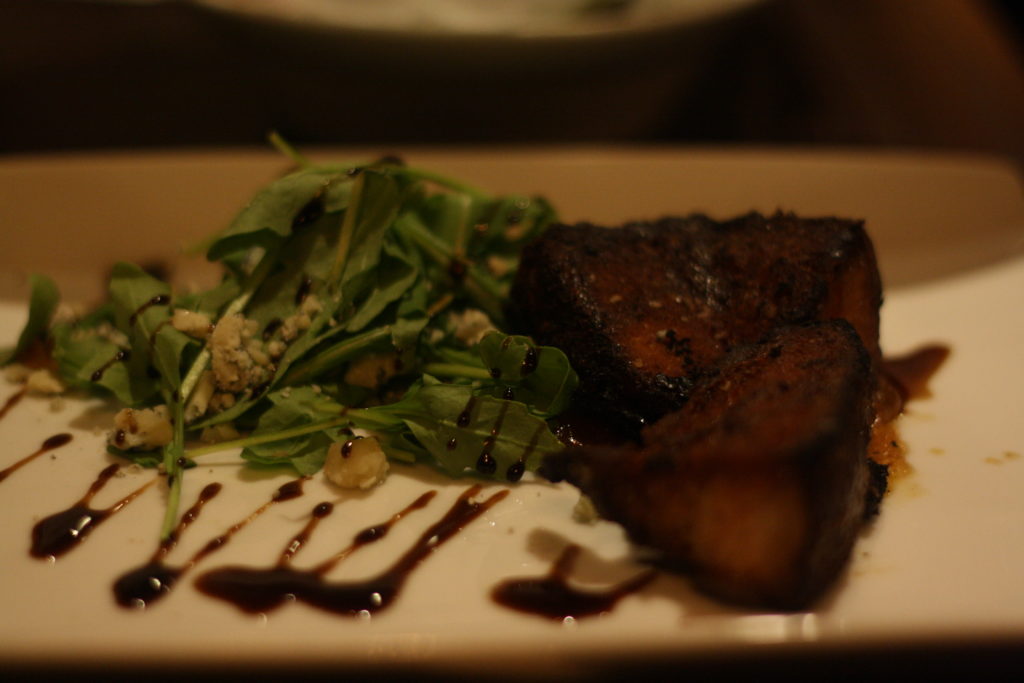 Kettle Seared Pork Belly | Chapel's Creamery blue cheese, date puree, baby arugula, aged balsamic glaze