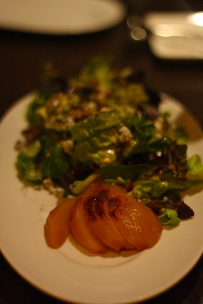 Mulled Spiced Bartlett Pear Salad | garden mix greens, candied pecans, white frisee, chapel's creamery blue cheese, sherry vinaigrette