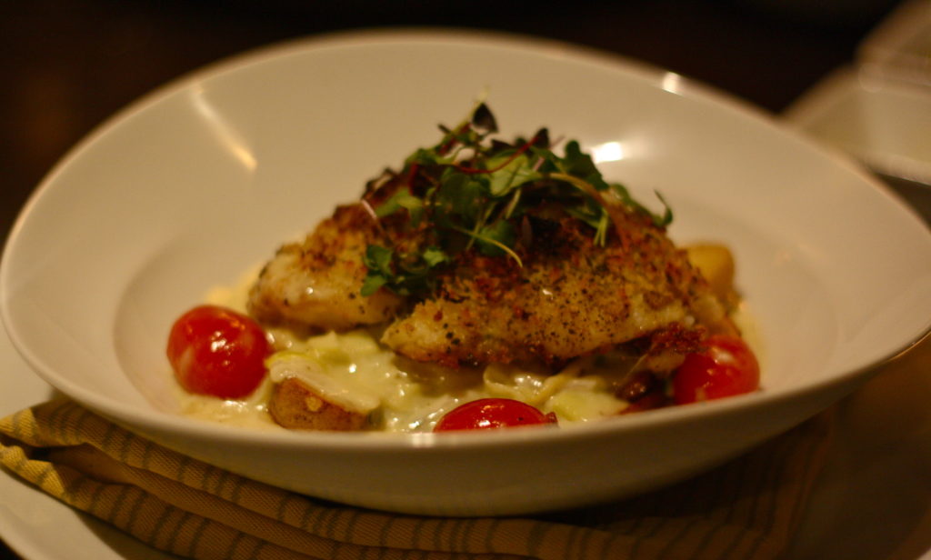 Citrus Crusted Sole Meuniere | Citrus gremulata, confit fingerling potato, leeks, tomato, baby spinach, lemon butter emulsion